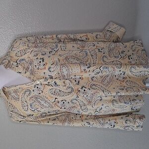 Jill Popover Top Blouse Yellow Paisley Boho Lightweight Roll Tab Sleeve Size M